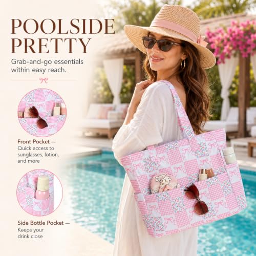 Beach Bags for Women (Gingham Floral Bow)