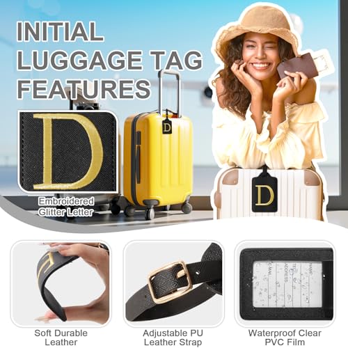 Personalized Initial Luggage Tags for Suitcase TSA Approved (Black Leather,glod Letter / D)