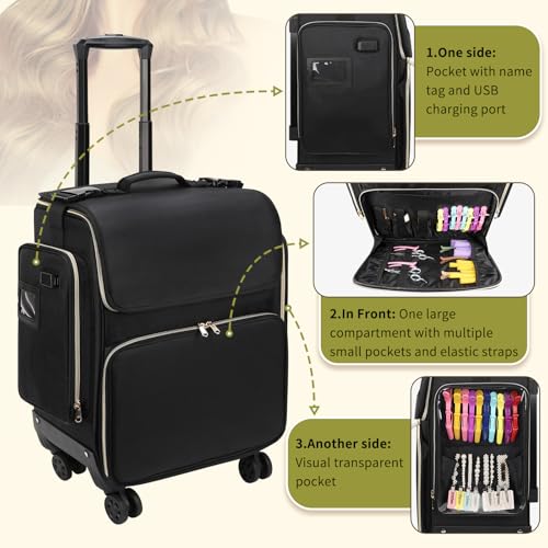 Hairstylist Traveling Case with 4 Clear Travel Makeup Bags Set (Black-with 4 Clear Bags / XL)