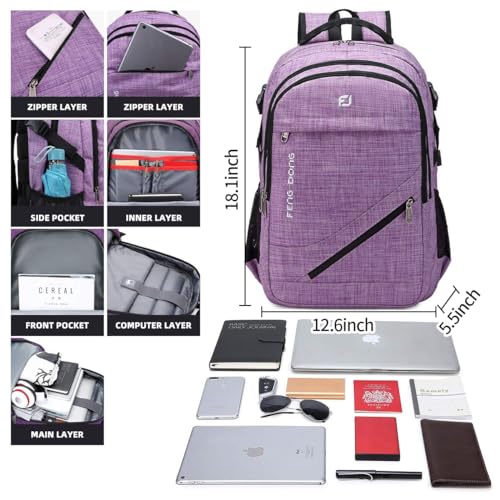 Large Laptop Backpack 17.3 inch Durable Waterproof Travel College Backpack Bookbag for Men & Women Business Backpack with USB Charging Port and Headset Port Light Purple (A2-light Purple)