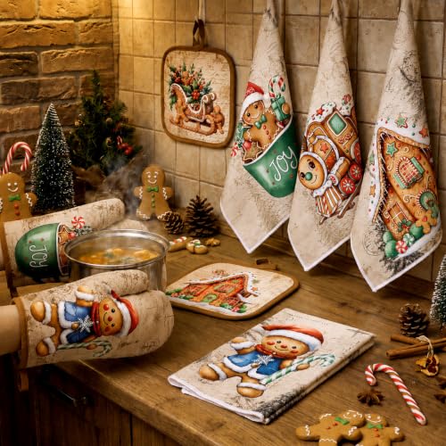 10 Pcs Christmas Gingerbread Man Kitchen Decor and Accessories Set Kitchen Towels Pot Holders Oven Mitts and Rugs for Baking Cooking BBQ Mom Housewarming Gifts (Light Brown / Christmas Gingerbread Man)