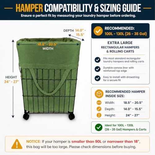 Canvas Laundry Bags with Handles & Rectangular Base (Army Green XL | Rectangular Base / 19.6"Wx15"Depthx27.6"H)