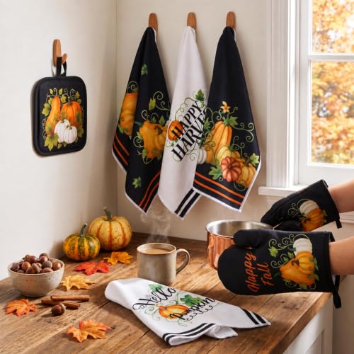 10 Pcs Fall Pumpkin Kitchen Decor Set Black Kitchen Rugs Set (Green, Black / Fresh)