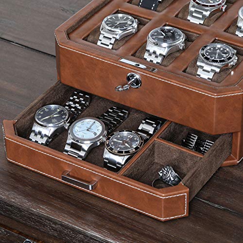 6 Slot Leather Watch Box with Valet Drawer (6 Slot - Tan / Brown)