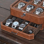 6 Slot Leather Watch Box with Valet Drawer (6 Slot - Tan / Brown)