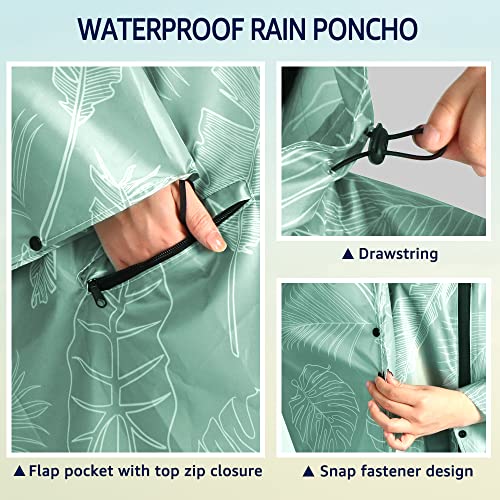 Waterproof Rain Poncho for Women Packable Hooded Raincoat with Pocket (Green Leaf)