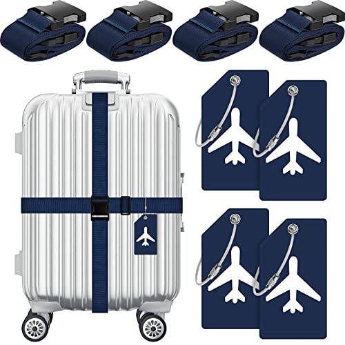 8 Pcs Luggage Straps Suitcase Tags Set for TSA Approved (Dark Blue / Airplane)