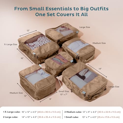 6 Pack Large Compression Packing Cubes for Travel (Mocha / 6 Pack)