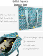 100% Cotton Quilted Tote Bag For Women (Ball Blue Purple Thorn Floral Print)