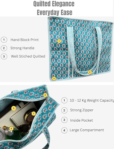 100% Cotton Quilted Tote Bag For Women (Ball Blue Purple Thorn Floral Print)