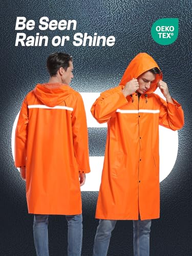 Mens Long Hooded Safety Rain Jacket Waterproof Emergency Raincoat Poncho (Medium / Orange)