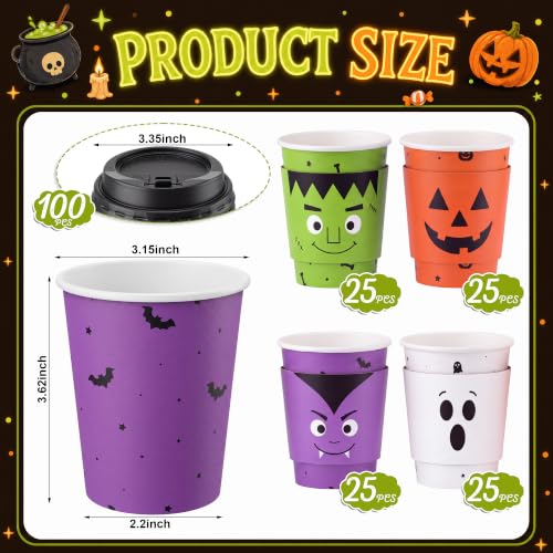 100 Sets 8 oz Halloween Disposable Coffee Cups with Lid and Sleeve (Monster)