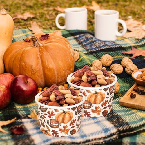 50Pcs Fall Snack Cups Football Pumpkin Maple Leaves Disposable Paper Bowls Autumn Decorative Ice Cream Dessert Soup Bowls for Thanksgiving Party Supplies Hot Cold Drinks