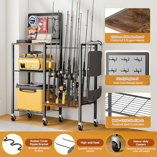 Fishing Rod Holder for Garage with Pegboard (12 Rods,Brown)