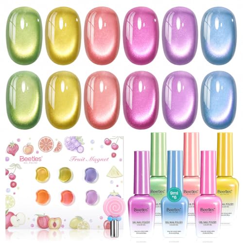 Beetles Fruit Magnet Cat Eye Gel Nail Polish Set (A - Pink Red Green | Silent Meditation)