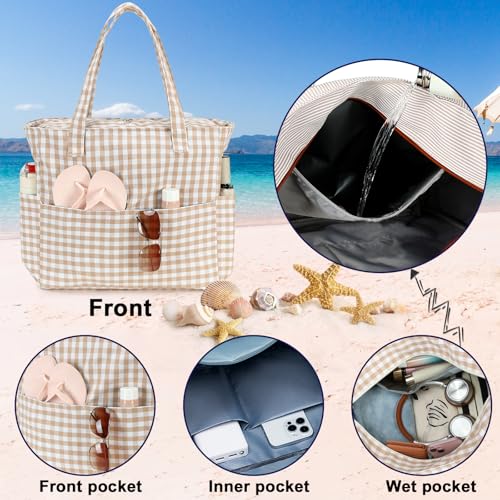 Beach Bags for Women (Brown White Checkered-1)