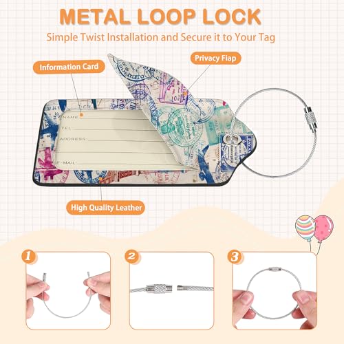 Retro Wanderlust Stamps 3 PCS PU Leather Luggage Tags for Suitcase (Retro Wanderlust Stamps)