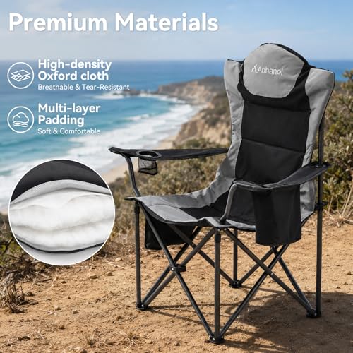 Heavy Duty Camping Chairs for Adults with Cup Holder & Cooler Bag (Black Gray | 500lbs)