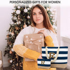 Beach Bag Initial Beach Tote with Makeup Bag for Travel (Dark Blue 2 Pcs)