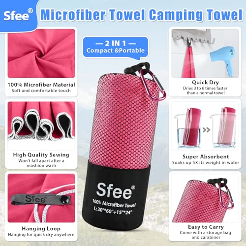 2 Pack Microfiber Travel Towel (S 32" x 16"+ 32" x 16" / Hot Pink)