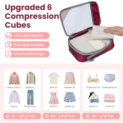 Compression Packing Cubes for Travel (Burgundy / 6 set-Half Mesh)