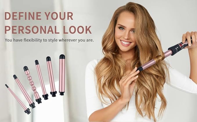 6 in 1 Hair Wand Curling Iron，0.35 to 1.25 inches with LCD，Form 140°F to 430°F in increments of 10°F, 110v-220V for Global use Includes Gloves and 2 Hair Clips.