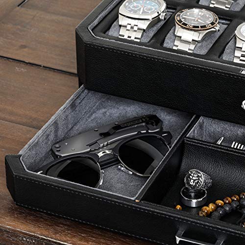 12 Slot Leather Watch Box with Valet Drawer (Black / Grey)