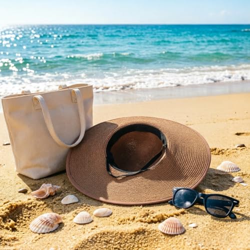 Women Wide Brim Bow Straw Hat Floppy Foldable Beach Sun Hat Roll up Cap UPF 50+ (Dark Brown /Normal Edge)