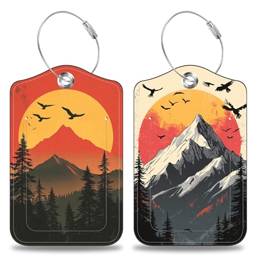 2 Pcs Mountain at Sunset Luggage Tags for Suitcases PU Leather Baggage Tags Name ID Label with Privacy Cover and Stainless Steel Loop for Men Women Travel Bag Suitcase (Mountain at Sunset)