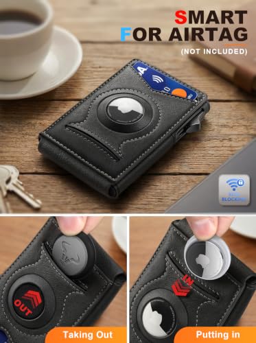 Men Slim Magnetic Leather Airtag Wallet Metal Case Money Clip (Black8797)