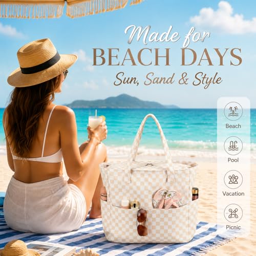 Beach Bag Waterproof Sandproof Women Beach Tote Pool Bag with Zipper for Gym Grocery Travel with Wet Pocket (Khaki White)