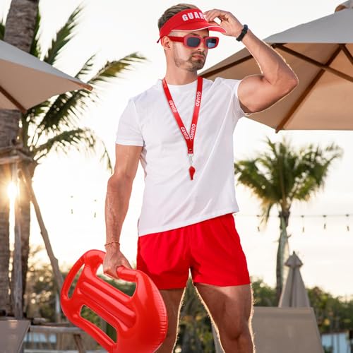 3 Sets Halloween Lifeguard Visor Hat Red Emergency Whistle Lanyard
