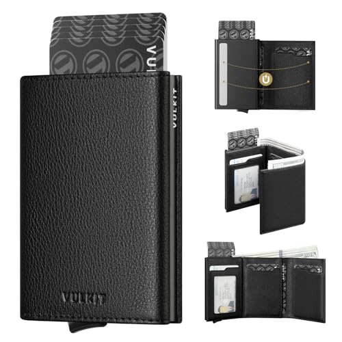 Pop up Card Wallet Minimalist Cash Wallets RFID Blocking Leather Smart Credit Card Holder with ID window for Men (Top-Grain Cowhide Litchi Black)