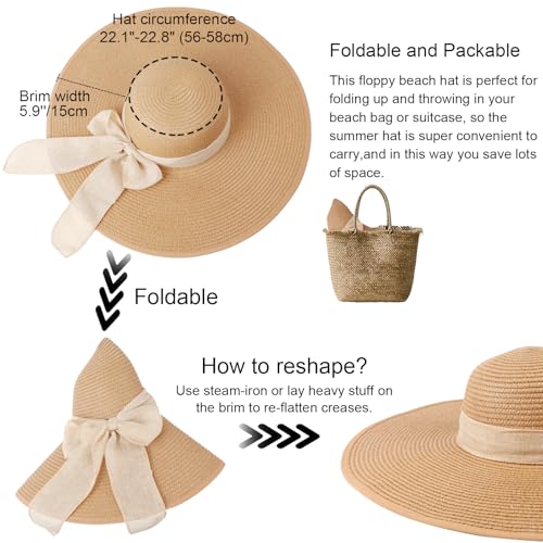Women Wide Brim Bow Straw Hat Floppy Foldable Beach Sun Hat Roll up Cap UPF 50+ (Khaki (Beige Band) /Normal Edge)