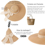 Women Wide Brim Bow Straw Hat Floppy Foldable Beach Sun Hat Roll up Cap UPF 50+ (Khaki (Beige Band) /Normal Edge)