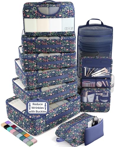 10 Set Packing Cubes for Travel Essentials (08 Navy Flower)
