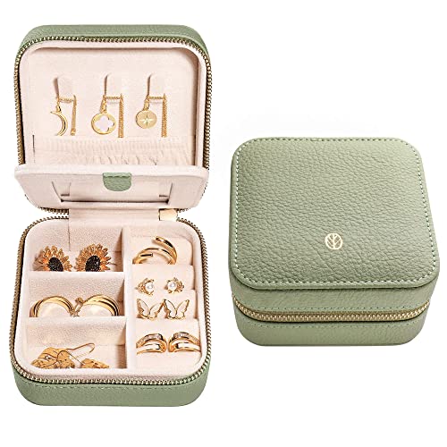 Travel Jewelry Organizer Boxes for Women Small Portable Necklace Earrings Bracelet Rings Travel Case Best Friend Birthday Gifts for Women Trendy (01_Lychee_Sage_Green)