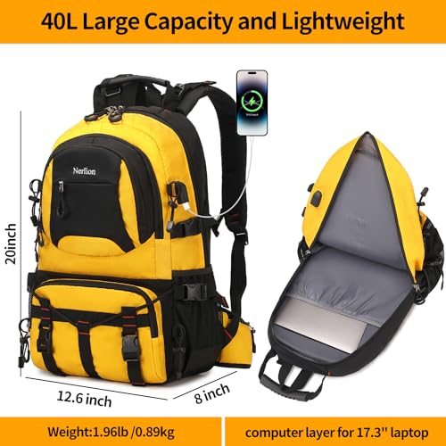 Nerlion 40L Hiking Backpack Travel Backpack for Men Women Camping Waterproof Outdoor Hiking Daypack Lightweight Backpack (A5- Yellow)