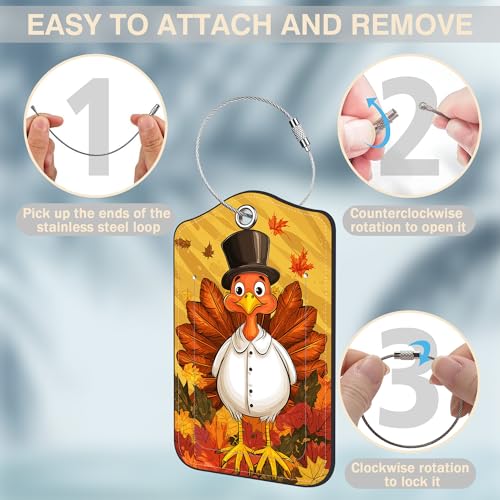 2 Pcs Autumn Turkey Luggage Tags for Suitcases PU Leather Baggage Tags Name ID Label with Privacy Cover and Stainless Steel Loop for Men Women Travel Bag Suitcase (Autumn Turkey)
