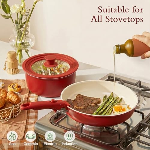 21PCS Pots and Pans Set Nonstick Cookware Set with Detachable Handle (Red Black Gradient / 21PCS)