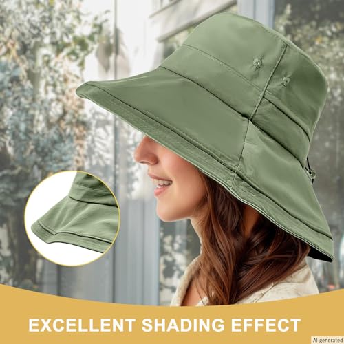 Sun Hats for Women Wide Brim Ponytail UV Protection Beach Hat Packable Waterproof Bucket Hat for Travel Hiking Gardening (Green)