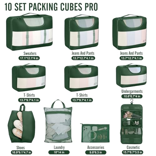 10 Set Packing Cubes for Travel Essentials (11 Jungle Green)