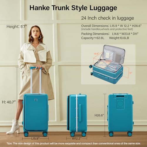 24 Inch Checked Luggage with Cup Holder and USB Ports (Caribbean Blue / 24 Inch)