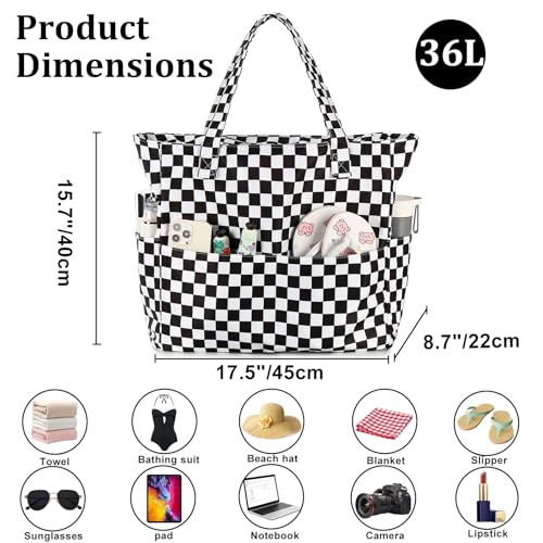 Large Beach Bag for Women (Black White Grid)