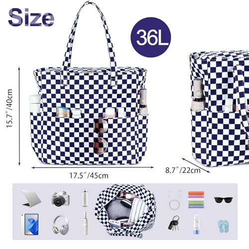 Waterproof Beach Tote Pool Bags for Women Ladies Extra Large Carry On Bag With Wet Compartment for Weekender Travel (Dark Blue White Checkered)