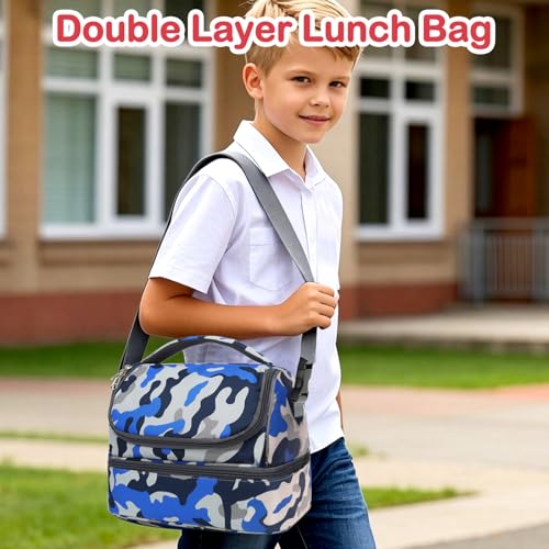 Kids Double Decker Cooler Insulated Lunch Bag Large Tote for Boys (Blue Camo)