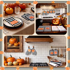 10 Pcs Fall Pumpkin Kitchen Decor Set Kitchen Towels Pot Holders Oven Mitts and Rugs Set Thanksgiving Towels for Baking Cooking BBQ Autumn Home (Black, White, Orange / Stripe Pumpkins)