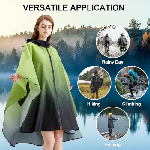 Rain Poncho Jacket Coat Hooded Zipper Style for Women (One Size / Gradient Green)