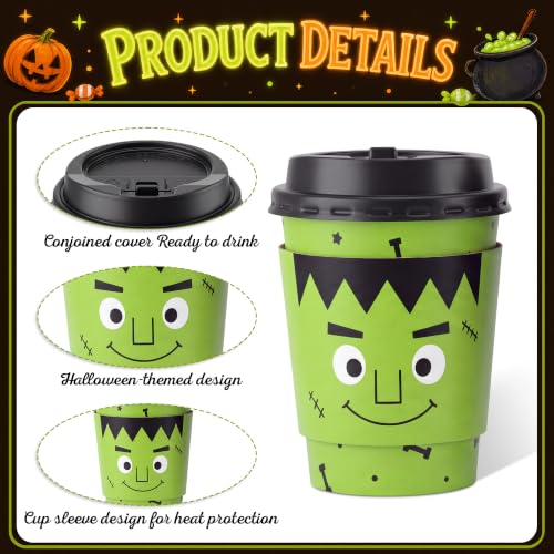 48 Sets 8 oz Halloween Disposable Coffee Cups with Lids and Sleeves (Monster)