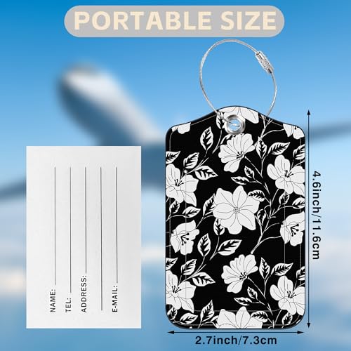 2 Pack Luggage Tags for Suitcases Black Flowers and Leaves Leather Luggage Tags Privacy Cover ID Label with Stainless Steel Loop and Address Card for Women Men Travel Bag Backpack (Black Flowers and Leaves)